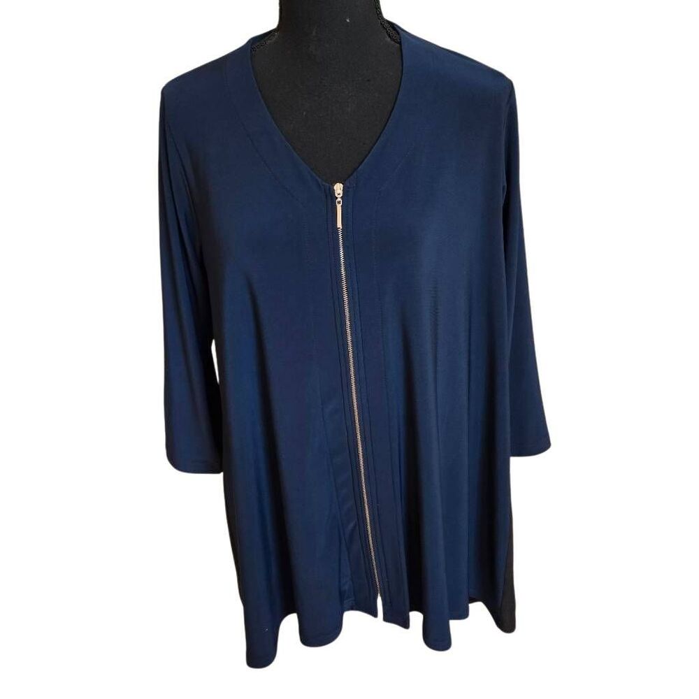 Sun Kim Womens 3/4 Sleeve Front Full Zip Pleated Back Tunic Blue Black XS